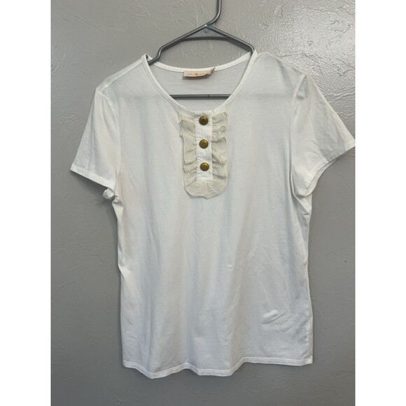 TORY BURCH RUFFLE T SHIRT WHITE SIZE Large Gold Buttons Logo Blouse Top - Picture 1 of 4